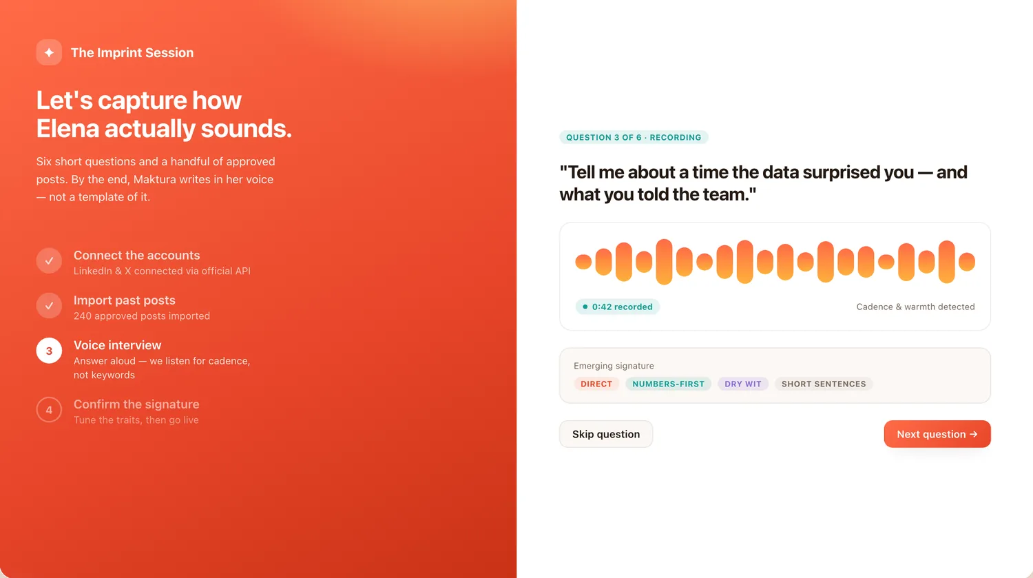 The Imprint Session: capturing how a person actually sounds during onboarding.