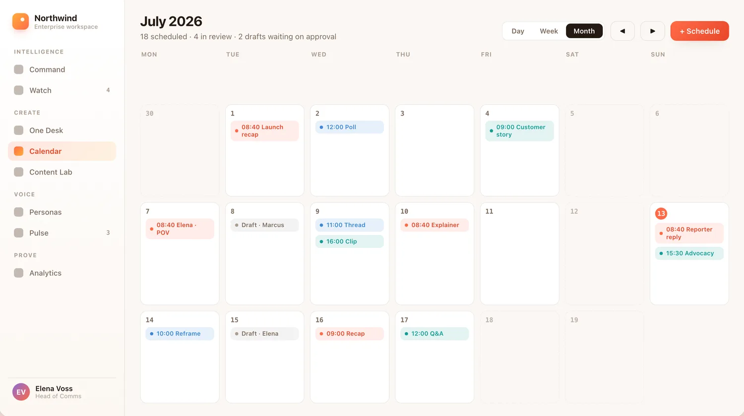 The calendar: the month at a glance with scheduled posts, reviews, and drafts.