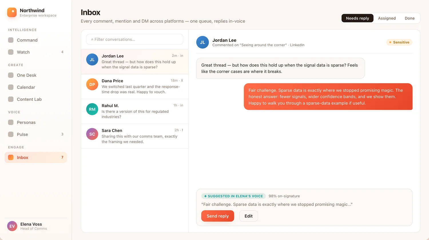 The inbox: every comment, mention and DM in one queue, with replies suggested in your voice.